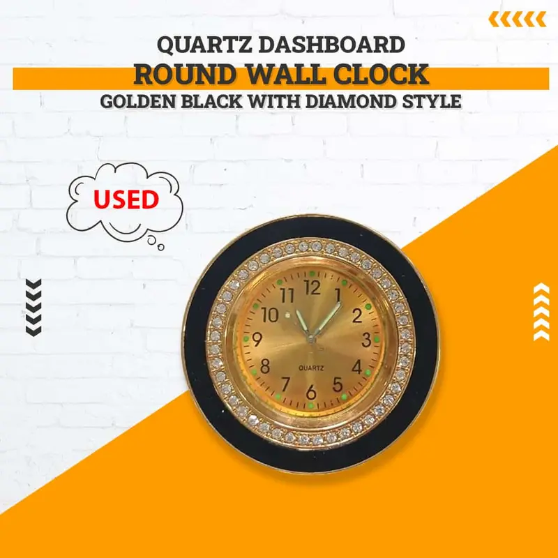 Used Quartz Dashboard Round Wall Clock Golden Black With Diamond Style - Damage 1