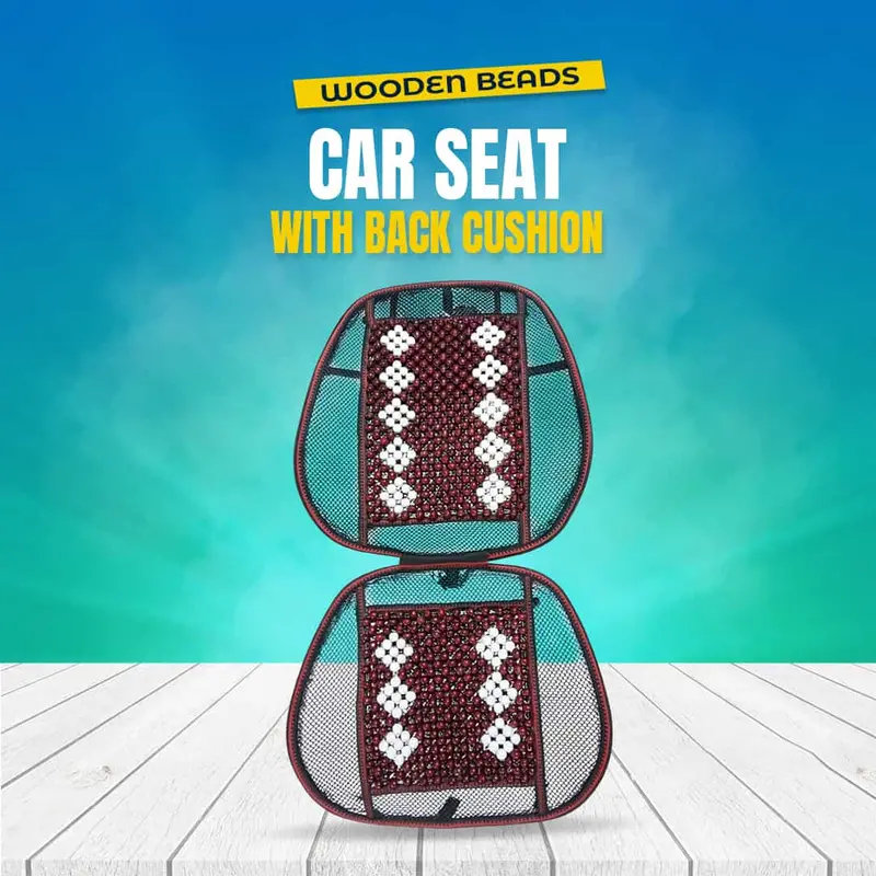 Wooden Beads Car Seat With Back Cushion 2 In 1 Brown With White - 2 In 1 Brown With White 1