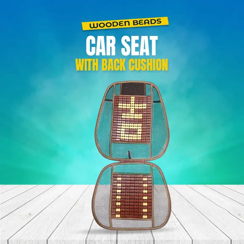 Wooden Beads Car Seat With Back Cushion Black 2 In 1 - Brown With Beige Design 1