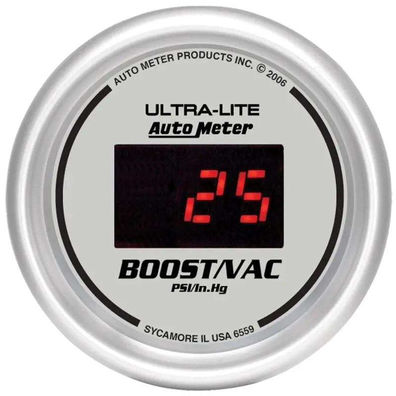 Autometer Ultra-Lite Digital Vacuum/Boost Gauge — 2-1/16”, 30 Inhg To 30 Psi Range, Silver Dial & Red Led Display 1