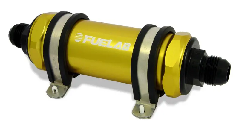 Fuelab 828 In-Line Fuel Filter Long -12An In/Out 40 Micron Stainless - Gold 1